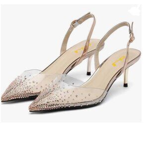 FSJ Gold Crystal Clear Pumps Rhinestones Low Heel Sandals Slingback Shoes